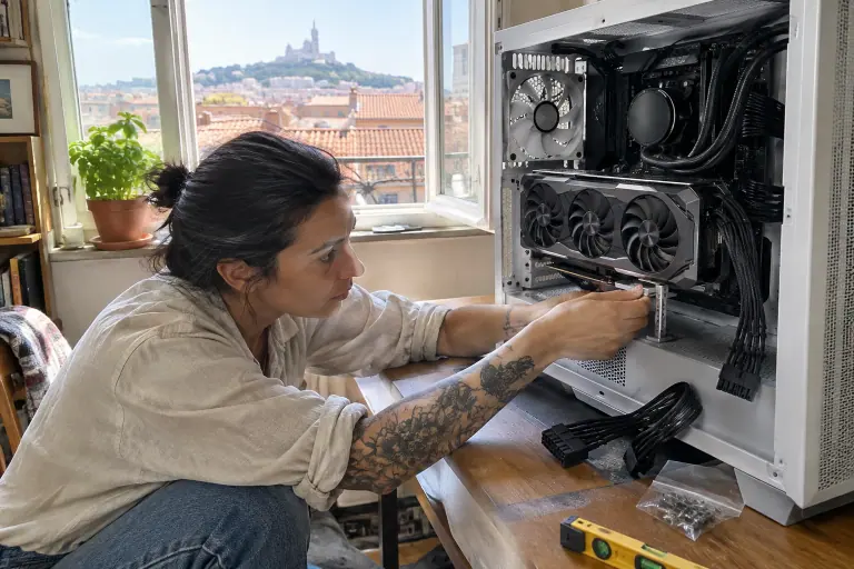 Dans un appartement lumineux à Marseille, une femme glisse un petit support réglable sous une longue carte graphique à trois ventilateurs