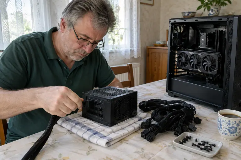 Un homme branche un câble modulaire à l’arrière d’une alimentation posée sur une table de cuisine, à côté d’un boîtier PC ouvert