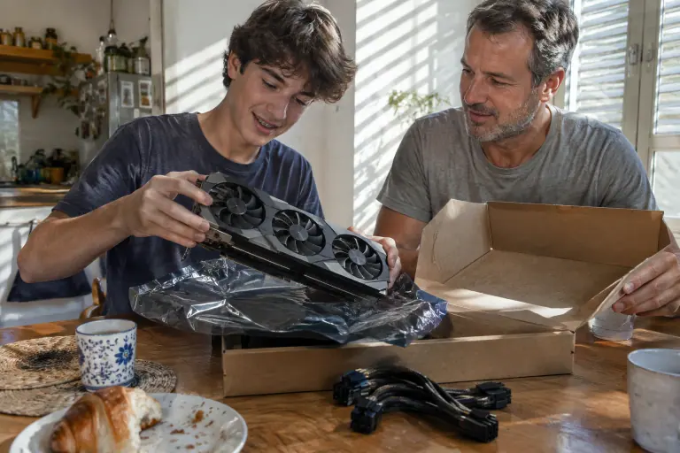 Un adolescent sort une grande carte graphique à trois ventilateurs de sa boîte sur la table de la cuisine, sous le regard de son père
