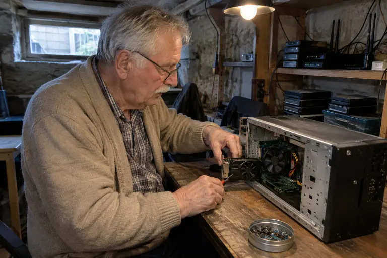 Un retraité installe une minuscule carte graphique demi-hauteur à un ventilateur dans un vieux PC de bureau fin, sur l’établi de sa cave