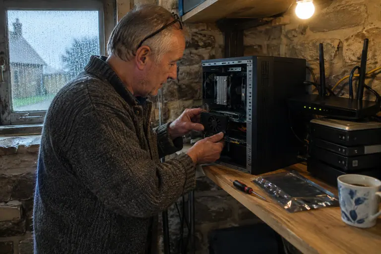 Dans une maison bretonne, un retraité installe une petite carte graphique à un ventilateur dans son serveur multimédia posé près de la box internet