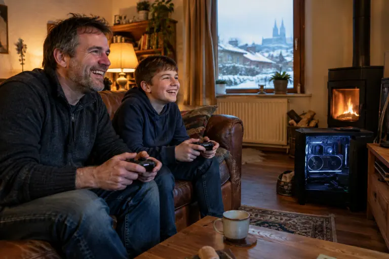 Un père et son fils jouent sur le canapé du salon, à côté d’un PC dont la vitre laisse voir une carte graphique à deux ventilateurs