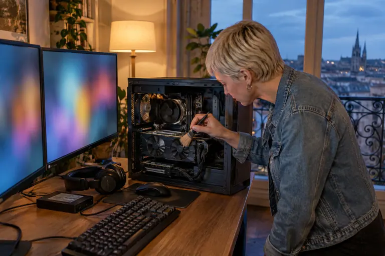Une monteuse vidéo dépoussière au pinceau la carte graphique à deux ventilateurs de son PC de montage, le soir, dans son appartement bordelais