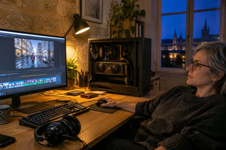 Le soir, dans un petit studio de montage à Bordeaux, une femme regarde une vidéo sur grand écran à côté de son PC ouvert et de sa carte graphique