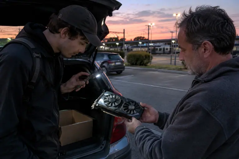Un jeune homme inspecte à la lampe de son téléphone une carte graphique d’occasion que lui tend un vendeur, sur un parking au crépuscule