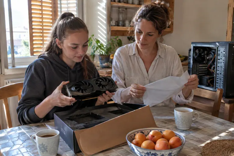 Une adolescente et sa mère déballent une carte graphique compacte à deux ventilateurs sur la table de la cuisine, à côté d’un vieux PC ouvert