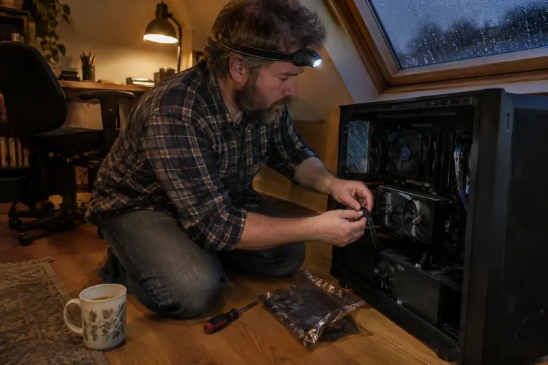 Un homme barbu branche le câble d’alimentation 8 broches d’une carte graphique à deux ventilateurs dans un PC ouvert, sous les combles, tard le soir