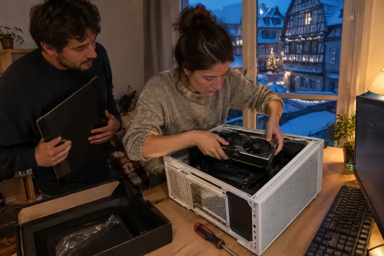 À Strasbourg, une jeune femme installe une carte graphique à deux ventilateurs dans un petit boîtier blanc pendant que son compagnon tient la vitre