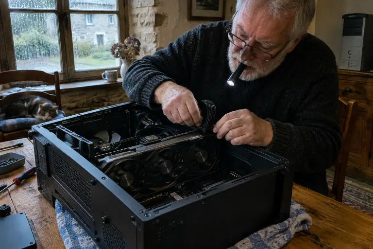 Dans une cuisine de longère bretonne, un homme branche avec soin le câble 16 broches d’une grande carte graphique installée dans son PC