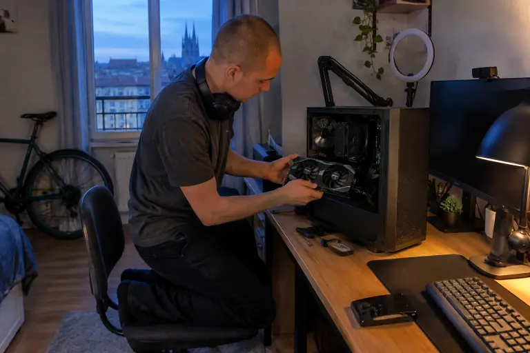 Dans un petit coin streaming, un jeune homme glisse une carte graphique à deux ventilateurs dans le port PCIe d’un boîtier compact