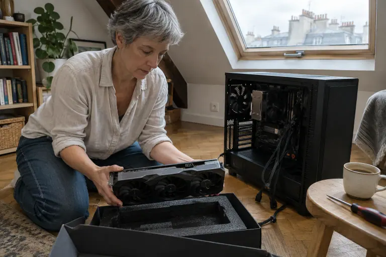 Dans un bureau sous les toits, une femme sort de son emballage une grande carte graphique à trois ventilateurs avant de l’installer dans sa tour