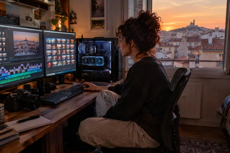 Une monteuse vidéo travaille sur deux écrans dans son appartement marseillais, à côté d’une tour vitrée qui laisse voir une grande carte graphique