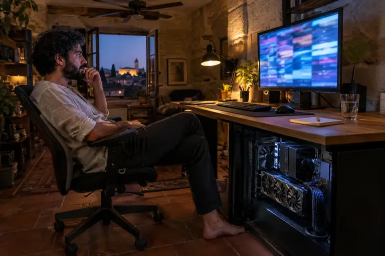 Le soir à Avignon, un homme barbu observe son écran pendant qu’un PC ouvert, équipé d’une grande carte graphique, fait tourner un modèle d’IA