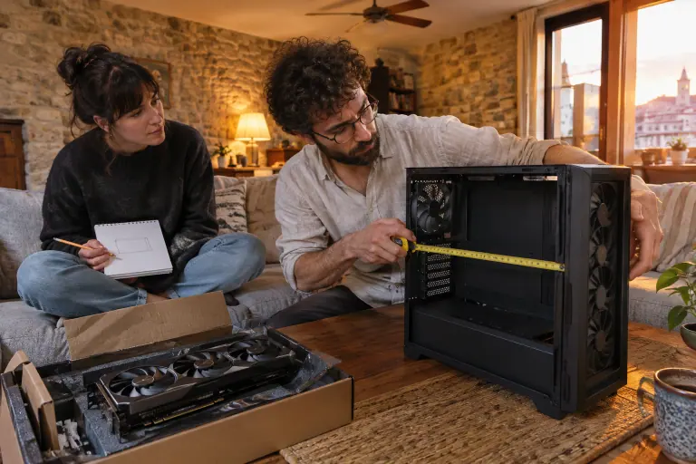Un homme mesure l’intérieur d’un boîtier PC vide au mètre ruban, une grande carte graphique encore dans sa boîte à côté de lui