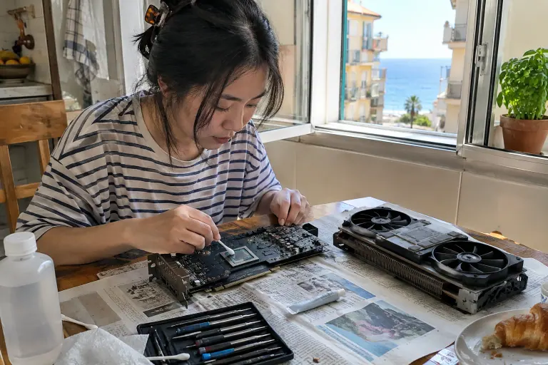 À Nice, une étudiante nettoie la puce d’une carte graphique démontée sur la table de sa cuisine, le radiateur à deux ventilateurs posé à côté