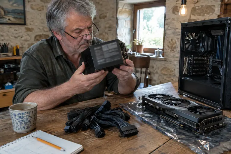 Dans un atelier, un homme d’une soixantaine d’années examine une alimentation PC modulaire, ses câbles et une grande carte graphique posés sur l’établi