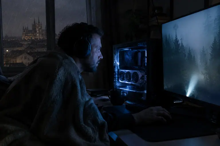 Tard dans la nuit à Metz, un homme casqué joue dans le noir à un jeu d’horreur, à côté d’un PC vitré équipé d’une longue carte graphique
