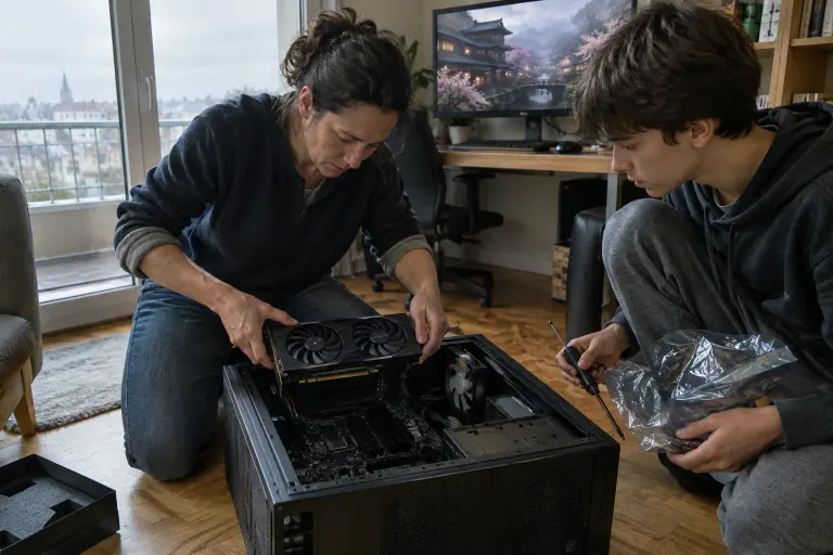 À Nantes, une mère installe une carte graphique dans un boîtier PC posé au sol pendant que son fils tient le sachet antistatique