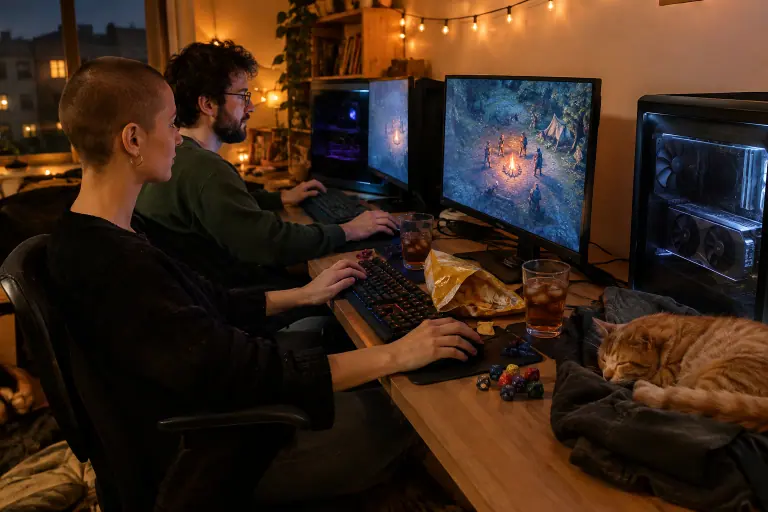 À Montpellier, deux amis jouent en coopération à un jeu de rôle sur deux PC côte à côte, des dés de jeu de rôle et un chat endormi sur le bureau
