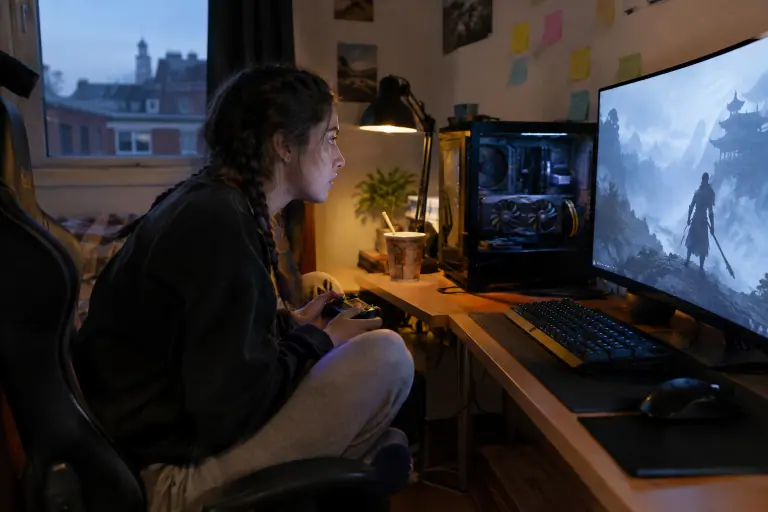 Une étudiante joue tard le soir à un jeu d’action dans sa chambre à Lille, manette en main, à côté d’un PC dont la vitre laisse voir la carte graphique
