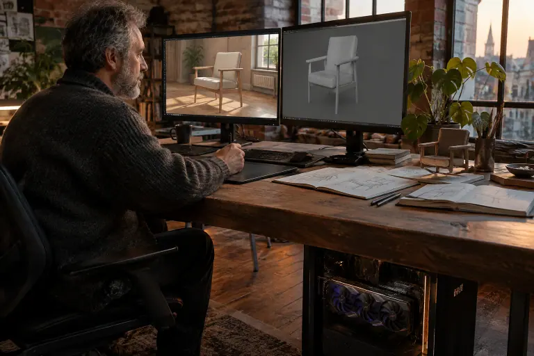 Un graphiste 3D barbu travaille sur une tablette à stylet face au rendu réaliste d’un fauteuil, dans un loft en briques à Bordeaux en fin de journée