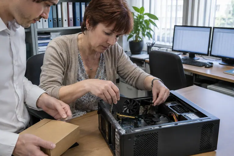 Dans un cabinet comptable de Dijon, une employée installe une petite carte graphique low profile dans un PC de bureau ouvert, aidée par un collègue