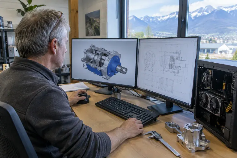 Un technicien d’un atelier de mécanique près de Grenoble fait pivoter l’assemblage 3D d’un réducteur à la souris 3D sur un grand écran