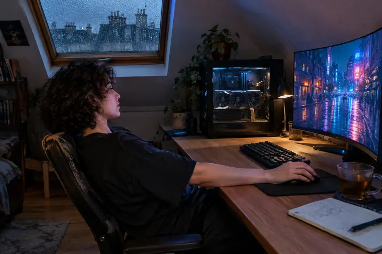 Sous les toits à Paris, une joueuse est éclairée par un écran incurvé montrant une ville néon, à côté d’un PC vitré équipé d’une grande carte graphique