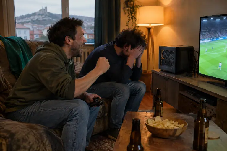 À Saint-Étienne, deux frères jouent à un jeu de football sur le téléviseur du salon, manettes en main, un petit PC compact posé sous l’écran