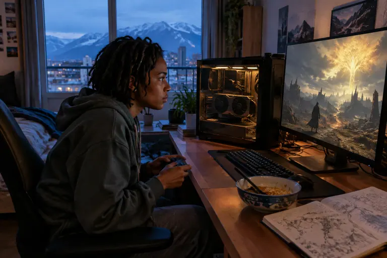 Dans un appartement de Grenoble face aux montagnes, une joueuse concentrée tient sa manette devant un jeu de dark fantasy, près de son PC vitré