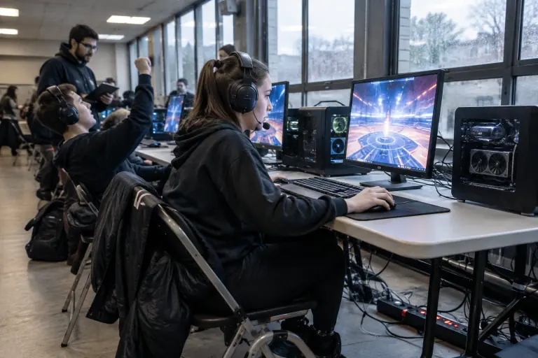 Lors d’un petit tournoi en réseau à Lille, une adolescente casque sur la tête vise sur un écran 24 pouces tandis que son voisin lève le poing