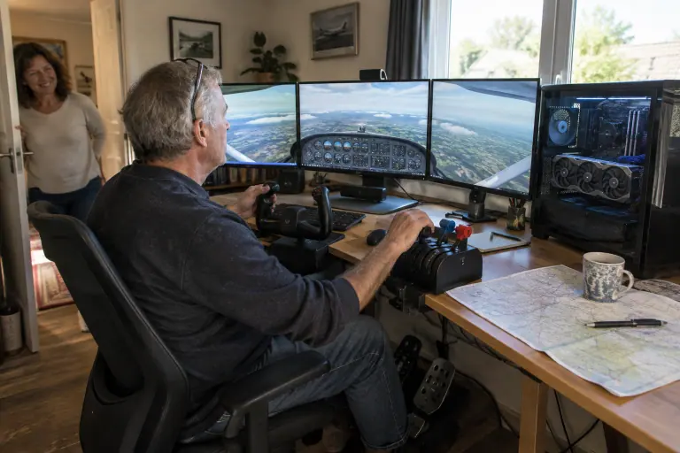 Un pilote virtuel règle son simulateur de vol dans une maison près de Toulouse, palonnier et manche branchés, devant trois écrans et un PC vitré