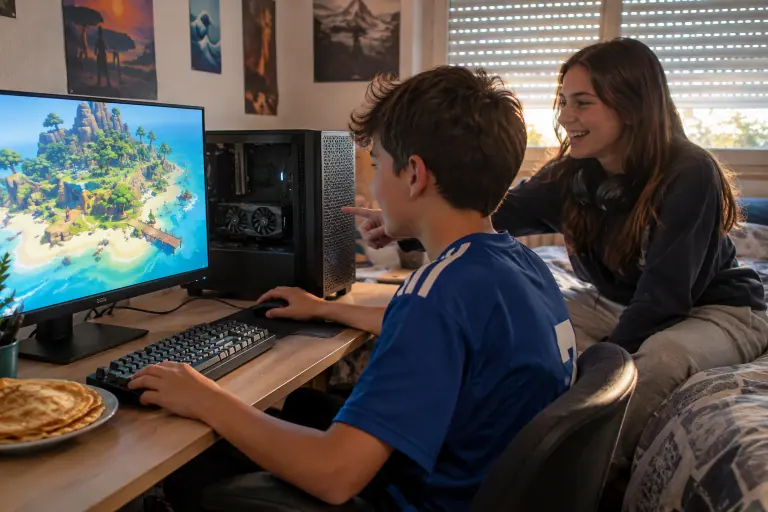 Près de Toulouse, un adolescent joue sur son PC équipé d’une petite carte graphique à deux ventilateurs, sa grande sœur commente depuis le lit