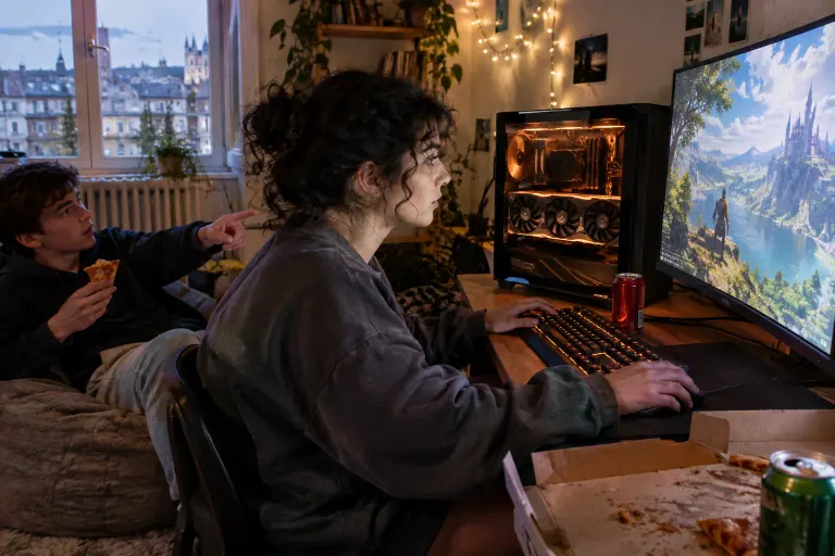 Une jeune femme joue sur un écran de 27 pouces dans un salon à Lyon, son frère la regarde depuis un pouf, PC vitré à grosse carte graphique sur le bureau
