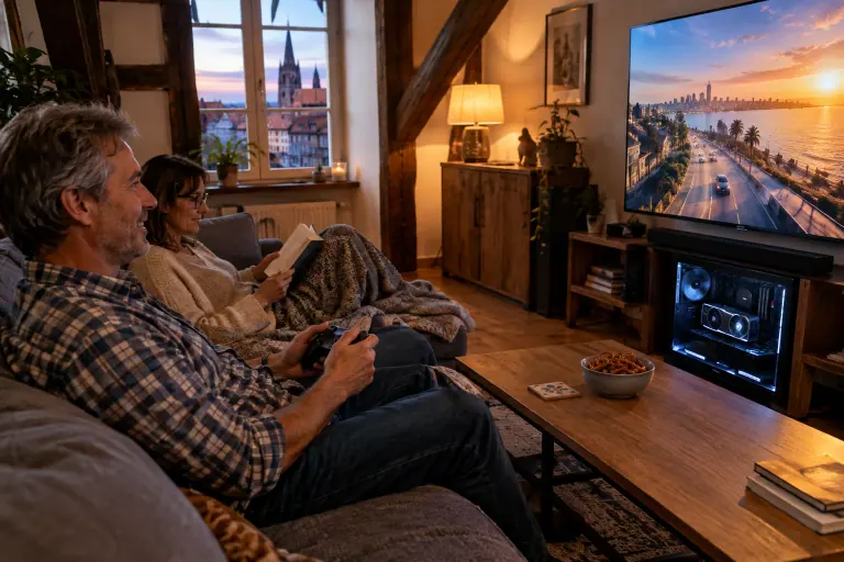 Dans un salon strasbourgeois, un homme joue à la manette sur la télévision reliée à un PC compact, pendant que sa femme lit à côté de lui