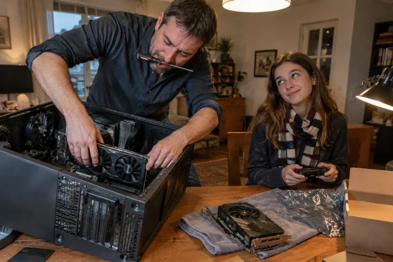 À Rennes, un père installe une nouvelle carte graphique dans le PC posé sur la table du salon, sous le regard impatient de sa fille manette en main