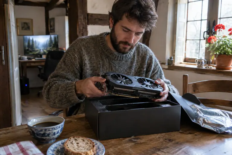 Dans une maison à colombages en Alsace, un homme déballe une carte graphique neuve sur la table de la cuisine, au petit matin, à côté de son café