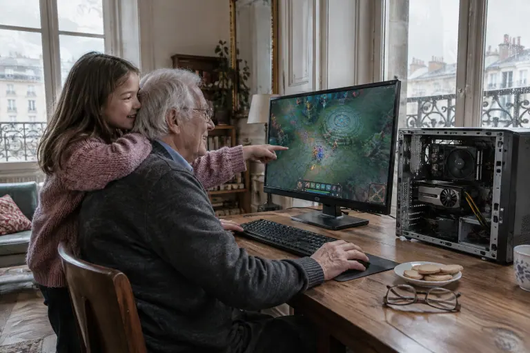 Dans un appartement lyonnais, un grand-père joue à un jeu d’arène sur un petit PC de bureau, sa petite-fille penchée sur son épaule