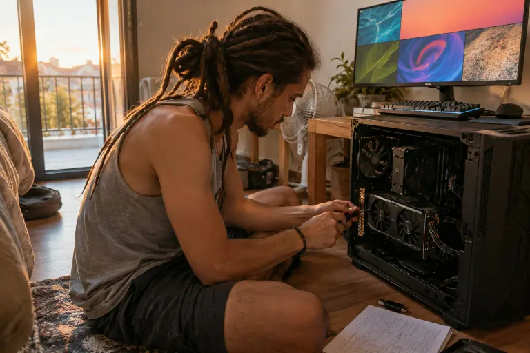 Assis par terre dans une colocation de Montpellier, un jeune homme visse une carte graphique dans son PC ouvert sous un écran au bureau en mosaïque