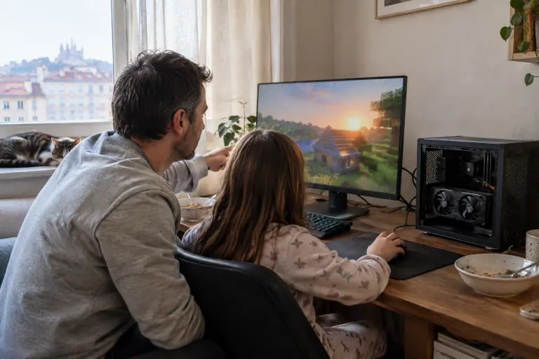 Un dimanche matin à Lyon, un père et sa fille de dix ans construisent dans un monde en cubes sur un PC compact posé sur le bureau du salon