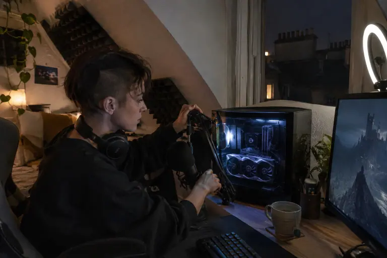 Dans un petit studio de streaming parisien, une jeune femme règle son micro devant un PC vitré équipé d’une grande carte graphique à trois ventilateurs