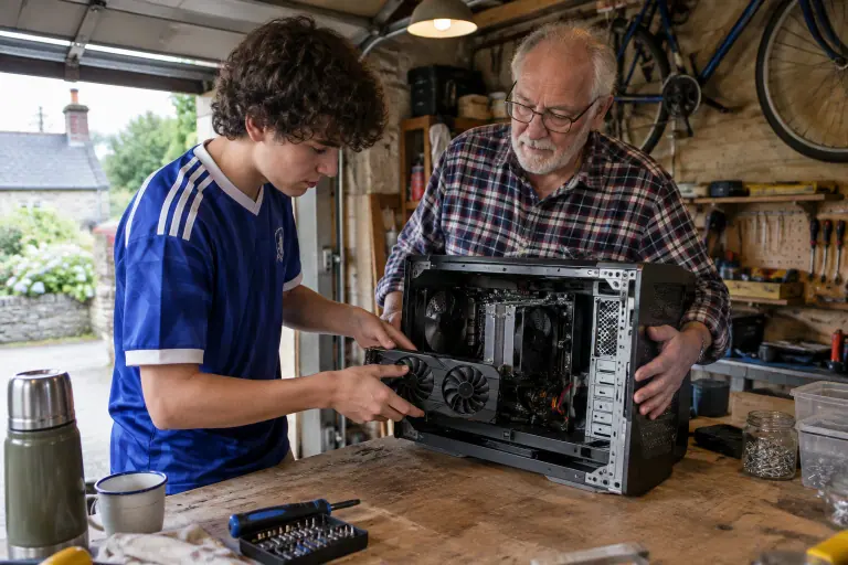 Dans un garage normand, un grand-père et son petit-fils installent une carte graphique compacte dans un ancien PC de bureau posé sur l’établi