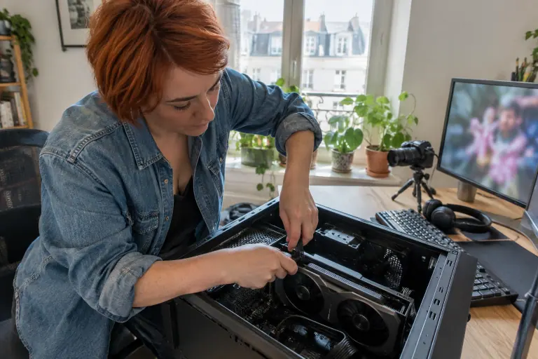 Dans son bureau nantais, une monteuse vidéo branche le câble d’alimentation 8 broches de sa nouvelle carte graphique dans un boîtier ouvert