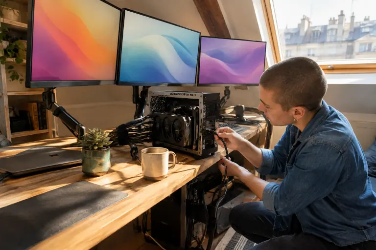 Une développeuse branche un câble DisplayPort à l’arrière de la carte graphique de son PC, sous trois écrans fixés sur bras, dans un studio parisien