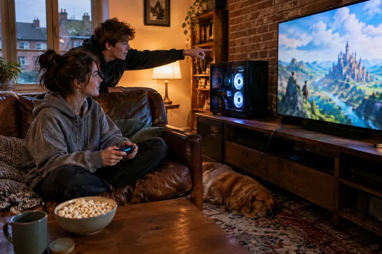 Dans un salon à Lille, une jeune femme joue à la manette sur un PC branché à la télévision pendant que son frère lui montre quelque chose à l’écran