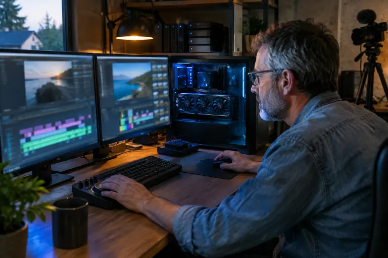 Dans un garage aménagé en studio, un monteur vidéo travaille sur deux écrans à côté d’un PC dont la vitre laisse voir une grande carte graphique