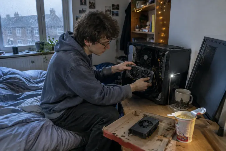 Dans une chambre d’étudiant à Lille, un jeune homme installe une carte graphique compacte à deux ventilateurs dans un vieux PC posé sur son bureau