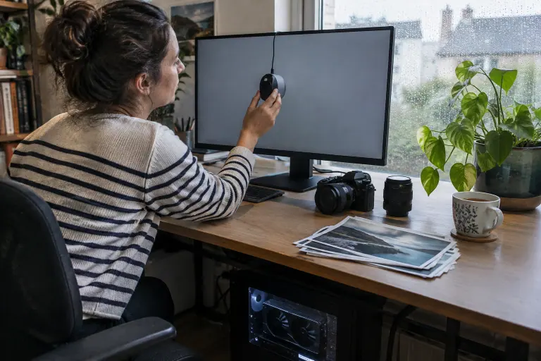 Une photographe ajuste une sonde de calibration posée sur son écran 27 pouces, à côté de tirages et d’un appareil photo, dans un bureau à Rennes