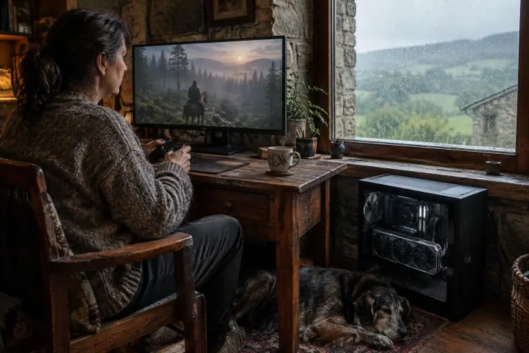 Dans une ferme d’Auvergne un matin de pluie, une femme joue à la manette à un jeu de western, son chien endormi à ses pieds près du PC