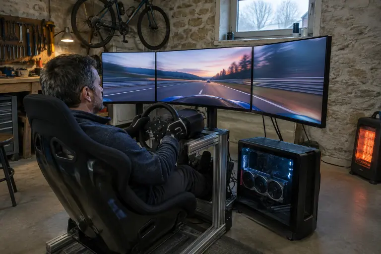 Dans un garage breton aménagé, un pilote virtuel en gants roule sur un simulateur à trois écrans incurvés, le PC posé au sol à côté du baquet